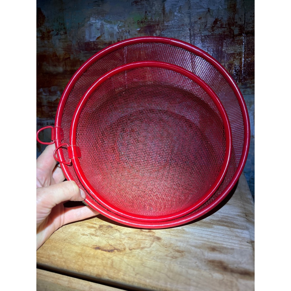 Set of‎ 2 Red Metal Mesh Nesting Baskets Round Rustic Industrial Storage Handles